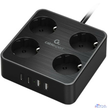 Cablexpert Сетевой фильтр Plate PLT-4-C2U2-B-2 (4р, 10А, 2xType-C PD, 20Вт, 2xUSB, 2м, ур.защиты 4+) черный, коробка {22562}