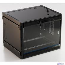 Hyperline TWB-FC-1266-GP-RAL9004 Шкаф настенный 19-дюймовый (19"), 12U, 650x600x600 мм, стеклянная дверь с перфорацией по бокам, ручка с замком, с возможностью установки на ножки, цвет черный RAL 9004
