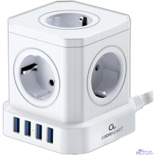 Cablexpert Сетевой фильтр Tower TWR-5-U4-W-3 (Tower 5р, 10А, 4 х USB, 3.1А, 3м, ур.защиты 4+) белый, коробка {22554}