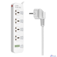 Perfeo LD_B4610 LDNIO SC4408/ Сетевой фильтр 2м/ 4 розетки EU_UK_US/ 2500W/ 4 USB/ Выключатели на розетки/ White