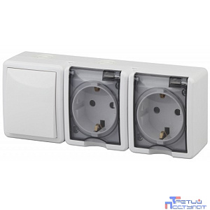 Эра Б0027673 11-7403-01 Блок две розетки+выключатель IP54, 16АХ(10AX)-250В, ОУ, Эра Эксперт, белый