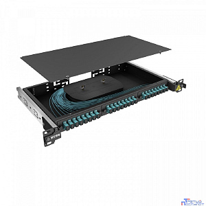 NTSS Кросс 19" NTSS PREMIUM выдвижной, предсобранный 1U, 16 портов SC/UPC, 50/125 мкм ОМ3, (сплайс, пигтейлы, кдзс, планки, адаптеры), черный, RAL9005 NTSS-RsFOB-PM-1U-16-SC/U-503-SP1.5G1A-BL