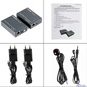 ORIENT VE045IR, HDMI extender (Tx+Rx), активный удлинитель до 60 м по витой паре Cat5e/6, HDMI 1.4а, 1080p@60Hz/3D, HDCP, доп. вых. HDMI, передача ИК сиг. упр.( IR-TX/Rx в компл), БП 5В/1А (31323)
