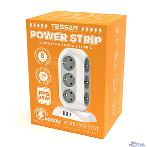 TESSAN TPS02-DE-C Сетевой фильтр с 12 розетками 220В, 2 USB-A портами, 1 USB-C портом и переключателем {80004242}