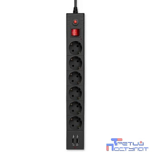 BURO Сетевой фильтр, 6 розеток, 1.8 метров (BURO BU-SP1.8_USB_2A-B), черный (коробка) {992310}
