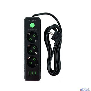 Amper сетевой удлинитель, 2,0м, 3 розетки, 10А, 2500 Вт, 3usb, черный. [JH-1031U-2B]