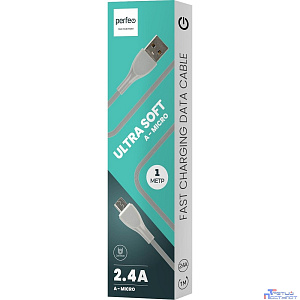 PERFEO Кабель USB A вилка - Micro USB вилка, 2.4A, серый, силикон, длина 1 м., ULTRA SOFT (U4021)