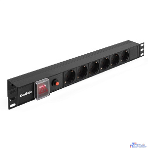 Exegate EX280830RUS Блок розеток ExeGate ServerPro PDU-19H605 Al-6S-C14-SW-O, 19",1U,алюм, 6Schuko, С14, защ перегр