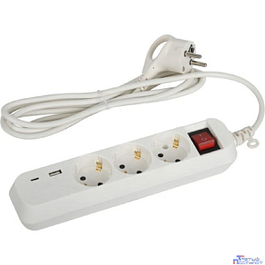 ЭРА Б0052897 Удлинитель электрический UB-3es-1,5m-USB c заземлением с выключателем 3 розетки + 1xUSBA+1xUSBC 1,5м 10А