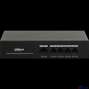 DAHUA DH-PFS3005-4ET-36 5-портовый неуправляемый коммутатор с РоЕ, 4xRJ45 100Mb PoE, 1xRJ45 100Mb, суммарно 36Вт, коммутация 1 Гбит/с, MAC-таблица 1К, металл