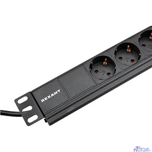 Rexant (04-0305-1) Блок распределения питания для 19" шкафов, горизонтальный, 9 розеток СЕЕ 7/4, 10A, без выкл, алюм корп, шнур 2м, вилка C14