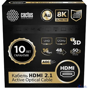 Кабель аудио-видео Cactus CS-HDMI-AOC-2.1-50 HDMI (m)/HDMI (m) 50м. позолоч.конт. черный