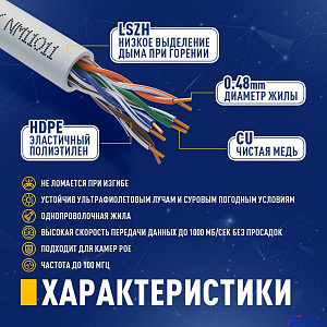 Кабель NEOMAX [NM11011] U/UTP cat.5e 4 пары (305 м) 0.48 мм (24 AWG) Медь LSZH, серый;  Fluke Tested