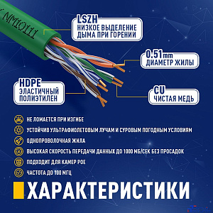Кабель NEOMAX [NM10111] U/UTP cat.5e 4 пары (305 м) 0.51 мм (24 AWG) Медь, LSZH;  Fluke Tested, зеленый