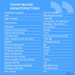 CBR CM 131c Black, USB, Мышь офисн., оптич., 1200 dpi, 3 кн., 2.0 м, резиновое колесо прокрутки, ABS-пластик, нет логотипа