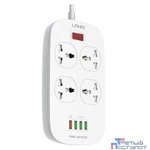Perfeo LD_B4435  LDNIO SC4407Q/ Сетевой фильтр 2м/ 4  розетки EU_UK_US/ 2500W/ 4 USB+QC 3.0/  Выкл. на розетки/ White