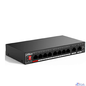 DAHUA DH-SG1010P 10-портовый гигабитный неуправляемый коммутатор c PoE, 8xRJ45 1Gb PoE, 2xRJ45 1Gb uplink, суммарно 96Вт, коммутация 20 Гбит/с, MAC-таблица 4K, металл