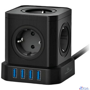 Cablexpert Сетевой фильтр Tower TWR-5-U4-B-2 (5р, 10А, 4 х USB, 3.1А, 2м, ур.защиты 4+) черный, коробка {22552}