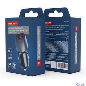 Rexant (16-0242) Автомобильное зарядное устройство с двумя портами (USB-A QC 3.0 + USB-C PD) со световой индикацией, 38Вт, черное