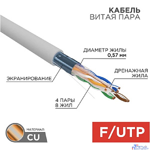 Rexant (01-0167) Кабель витая пара F/UTP, CAT 6, ZH нг(А)-HF, 4PR, 23AWG, INDOOR, SOLID, серый, 305м