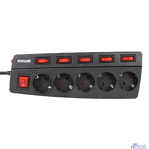 Filum Сетевой фильтр FL-SPL5-1.8M-BL, 2500 Вт., 5 розеток, защитные шторки, инд. выключатели, шнур 1.8 м., черный {00-01095523}