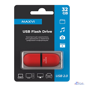 Maxvi USB Drive 32GB SF red, монолит с колпачком, soft touch, USB 2.0