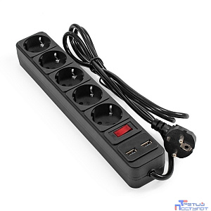 Exegate EX295490RUS Сетевой фильтр-удлинитель с USB зарядкой ExeGate SP-5-USB-1.8B (5 евророзеток с заземлением, 2 USB-A 2A, 1.8м, защита от перегрузки, выключатель с подсветкой, черный)