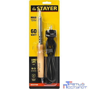 Паяльник с деревянной рукояткой и долговечным жалом, STAYER "MASTER" MAXTerm, 55310-60, 60 Вт, клин [55310-60]