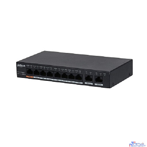 DAHUA DH-PFS3010-8GT-96 10-портовый гигабитный неуправляемый коммутатор с РоЕ, 8xRJ45 1Gb PoE, 2xRJ45 1Gb uplink, суммарно 96Вт, коммутация 20Гбит/с, MAC-таблица 4К, металл