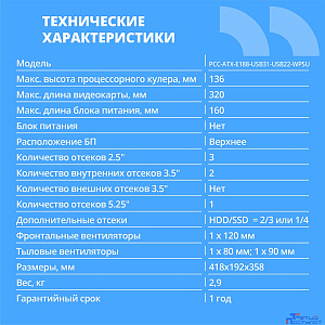 CBR Корпус ATX Miditower E188, без БП, 1*USB 3.0, 2*USB 2.0, HD Audio+Mic, Black [PCC-ATX-E188-USB31-USB22-WPSU]