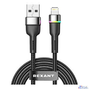 Rexant (18-7059) Кабель USB-A – Lightning для Apple, 2,4А, 1м, в черной нейлоновой оплетке, с LED подсветкой