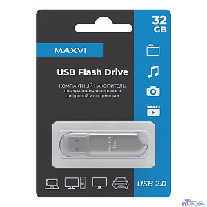 Maxvi USB Drive 32GB P1 silver, монолит с колпачком, ABS пластик, USB 2.0
