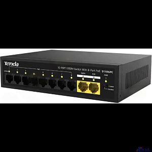 TENDA S110GPC Коммутатор неуправляемый PoE, 10 портов, 8x100 Мбит/с, 2х1 Гбит/с, PoE 8х30 Вт (до 80 Вт), настольный, металлический
