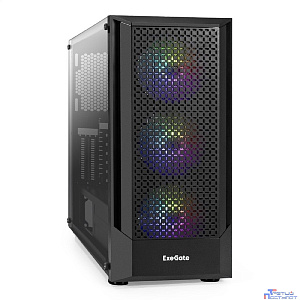 Exegate EX295765RUS Корпус Miditower ExeGate EVO-8227 (ATX, без БП, 2*USB+1*USB3.0+HD Audio, черный, 3 вент. с RGB подсветкой, боковая панель - закаленное стекло)