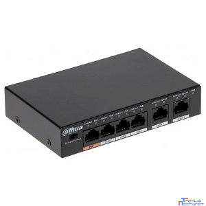 DAHUA DH-PFS3006-4ET-60 4-портовый неуправляемый коммутатор с РоЕ, 4xRJ45 100Mb PoE, 2xRJ45 100Mb uplink, суммарно 60Вт, коммутация 1.8 Гбит/с, MAC-таблица 2К, металл