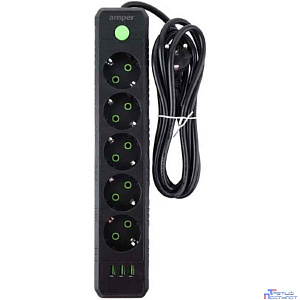 Amper сетевой удлинитель, 4,0м, 5 розеток, 10А, 2500 Вт, 3usb, черный. [JH-1033U-4B]