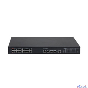 DAHUA DH-S4220-16GT-190 16-портовый гигабитный управляемый коммутатор с PoE, уровень L2, 16xRJ45 1Gb PoE, 2xRJ45 1Gb, 2xSFP 1Gb, суммарно до 190Вт, коммутация 56 Гбит/с, MAC-таблица 8к