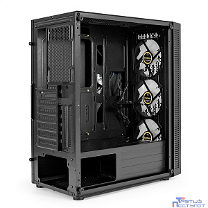 Exegate EX295766RUS Корпус Miditower ExeGate EVO-5001A (ATX, без БП, 2*USB+1*USB3.0+HD Audio, черный, 3 вент.12см с RGB подсветкой, боковая панель - закаленное стекло)
