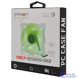 CROWN Вентилятор для компьютерного корпуса CMCF-12025S-1212 (120*120*25мм;Зелёный 4LED;1500 об/мин;35CFM;20Дб;Подшипник скольжения;3pin+MOLEX(папа-мама) 40+10см)