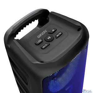 Ginzzu GM-916B (10Вт, TWS, 150Гц-18КГц, динамики 2х3,0", 2400мАч, AUX, USB-flash, микро SD,  КАРАОКЕ, FM-радио, RGB
