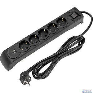 Kranz (13-4702) Фильтр сетевой 5 гнезд, 3м, 3х1,5мм?, с автовыкл, 2 USB, черный
