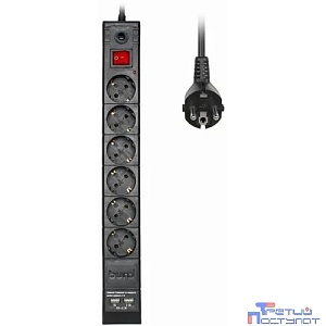 BURO Сетевой фильтр, 6 розеток, 1.8 метров (BURO BU-SP1.8_USB_2A-B), черный (коробка) {992310}