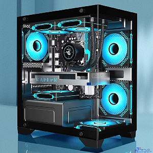 Exegate EX299006RUS Корпус Minitower ExeGate i3 SEA LE (mATX, без БП, 1*USB+1*USB3.0, HD аудио, черный, 1 вент. 12см с RGB подсветкой, передняя и боковая панели - закаленное стекло)
