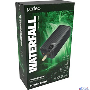 Perfeo Powerbank WATERFALL 40000 mAh/LED дисплей/PD + QC 3.0/Type-C/2 USB/Выход: 5A, max 22.5W/Black (PF_D0182)