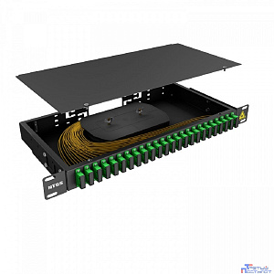 NTSS Кросс 19" NTSS PREMIUM, предсобранный 1U, 24 порта SC/APC duplex, 9/125 мкм, (сплошная панель, розетки, сплайс, КДЗС, пигтейлы), черный, RAL9005 NTSS-RFOB-PM-1U-24-2SC/A-9-SP1.5G0A-BL
