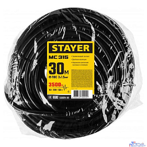 Удлинитель силовой Stayer 55028-30, розеток 1шт, 3x1.5 кв.мм, 30м, ПВС, без катушки, черный
