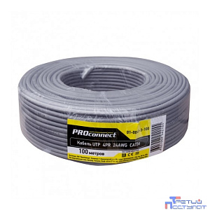 PROconnect (01-0043-3-100) Кабель витая пара омедненный, U/UTP, CCA, CAT 5e, PVC, 4PR, 24AWG, INDOOR, SOLID, серый, 100м