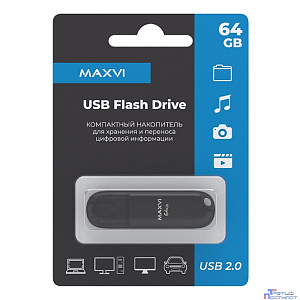 Maxvi USB Drive 64GB P1 black, монолит с колпачком, ABS пластик, USB 2.0