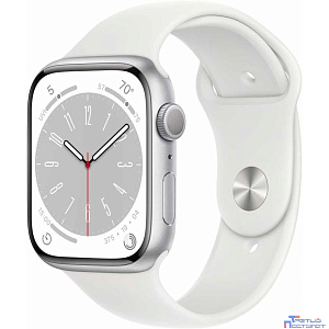 Apple Watch Series 8, 45 мм, корпус из алюминия серебристого цвета, спортивный ремешок белого цвета, размер M/L [MP6Q3LL/A] (США)