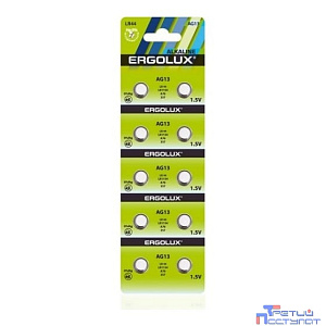 Ergolux AG13  BL-10 (AG13-BP10, LR44 /LR1154 /A76 /357 батарейка для часов)(10 шт. в уп-ке)
